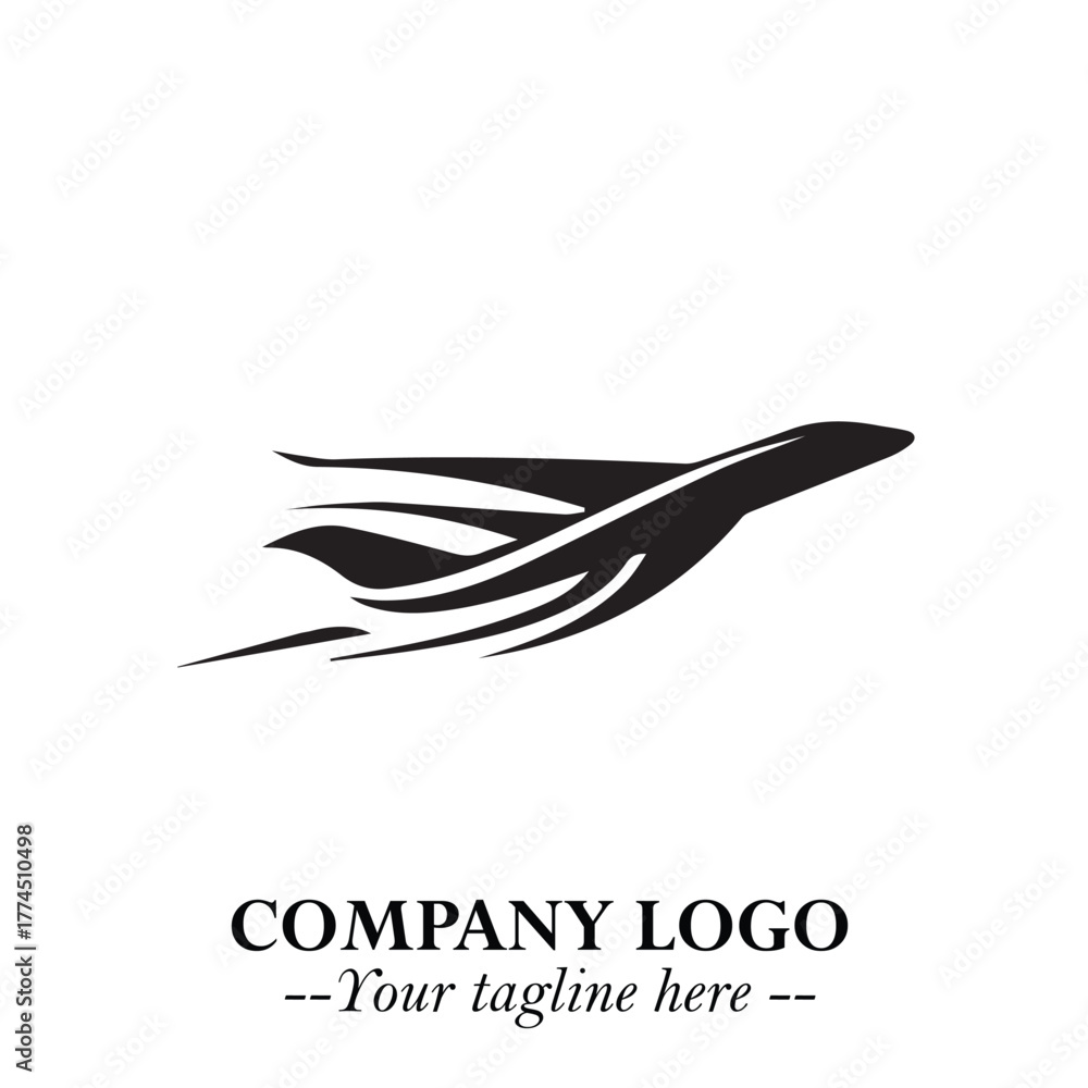 Obraz premium Plane Flying Fast Logo Symbol in Black on the White Background with Dynamic Aviation Design