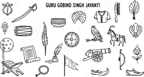 Guru Gobind Singh Jayanti Doodle Art: Collection of Hand-Drawn Sikh Religious Symbols, Cultural Elements  Historical Items, Punjabi Festival Icons