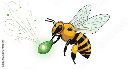 A cartoon bee with black and yellow stripes holding a green droplet, Generative AI.