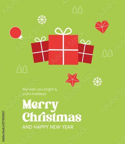 Festive Christmas and New Year Greeting Card with Gifts