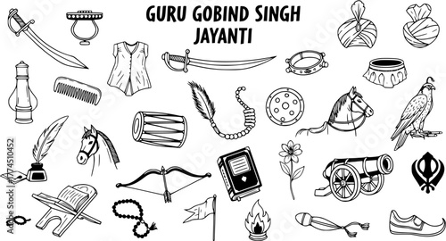 Guru Gobind Singh Jayanti Elements Vector: Collection of Sikh Religious and Cultural Symbols, Icons, and Objects on White Background