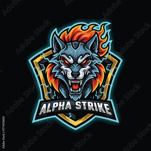 Futuristic cyborg arm with a clenched fist holding a symbol of electric power, a mascot design for technology or gaming