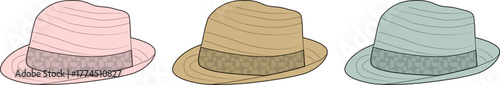 Illustrated collection of three classic fedora hats, each colored in a soft, distinct pastel shade, perfect for fashion and design concepts
