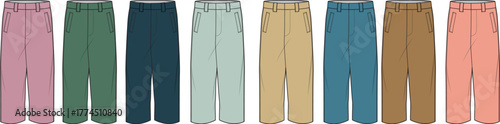 Colorful palette of women's casual trousers in a technical flat sketch. Fashion illustration set for apparel design and clothing mockups