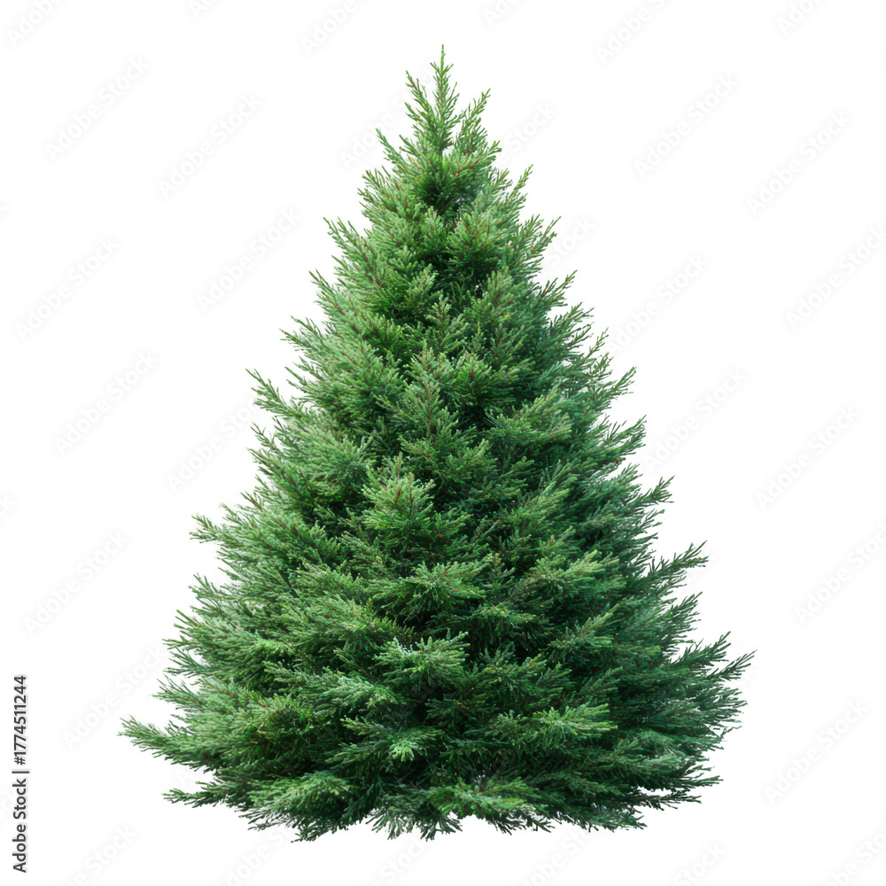 Fototapeta premium A perfectly shaped evergreen conifer tree with lush green foliage stands isolated against a black background