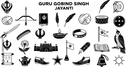 Sikhism Icons Collection for Guru Gobind Singh Jayanti Celebration - Black and White Vector Symbols of Sikh Culture and Religion