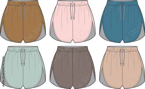 Set of women's running shorts in multiple colors. Vector illustration technical flat sketch for apparel design and fashion mockups