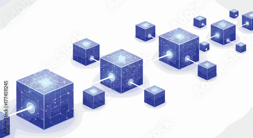 Abstract interconnected digital cubes representing blockchain technology and data flow, Generative AI.