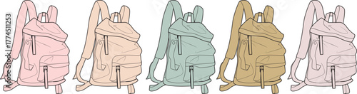 A collection of colorful hand-drawn backpacks in various pastel shades. Set of five illustrated rucksacks for school, travel, and fashion accessories