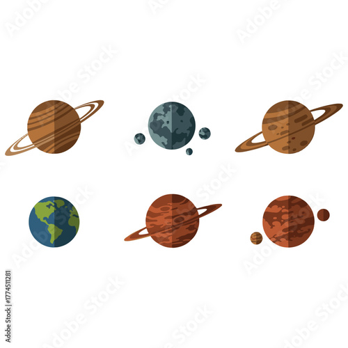 Vector illustration of solar system planets including Earth, Mars, Saturn, and other celestial bodies with rings and moons, designed in flat cartoon style for astronomy, science, or space education th