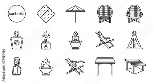 patio accessories sunbrella umbrella chairs torches and tables perfect for illustrating outdoor living relaxation and summer entertaining