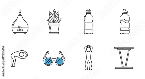 wellness lifestyle elements oil diffuser plant water bottles stretch glasses stretching table offering health and fitness icons