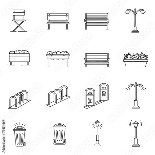City park elements benches lamps bike racks  trash cans illustrating urban landscape design for outdoor spaces  urban planning vector icons