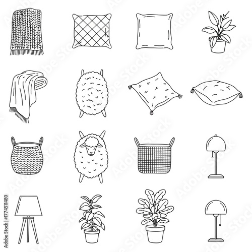 home decor elements hand drawn sketch of interior items like plants pillows and lamps a cozy and comfortable style perfect for interior design blogs.