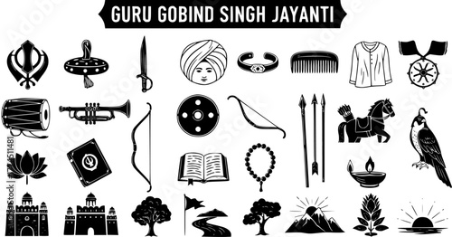 Guru Gobind Singh Jayanti Vector Illustration: Symbols of Sikhism  Celebration Icons