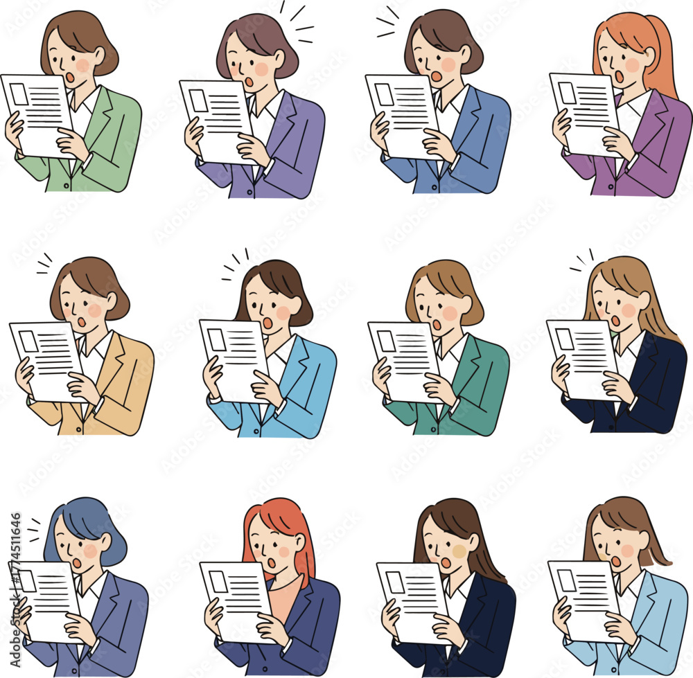 Create a kinds of deferent Ssimple vector illustration of a woman in a suit surprised at a document vector art with white background..