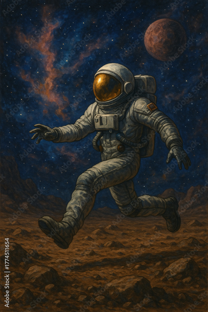 Fototapeta premium Astronaut Exploring Alien Planet Surrounded by Cosmic Wonder