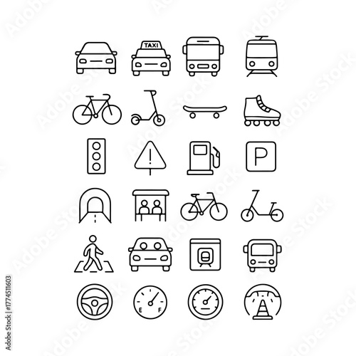Collection of hand drawn transportation and traffic icons