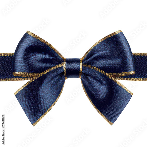 A beautiful navy blue ribbon with a gold edge tied into a bow