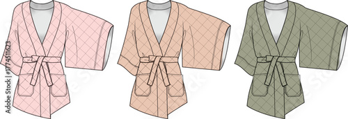 Collection of Three Stylish Kimono Robes in Pink, Peach, and Green with Belt