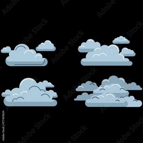 Vector illustration of fluffy white clouds in the blue sky, featuring four different cloud shapes in flat cartoon style, perfect for weather icons, sky backgrounds, or nature design concepts