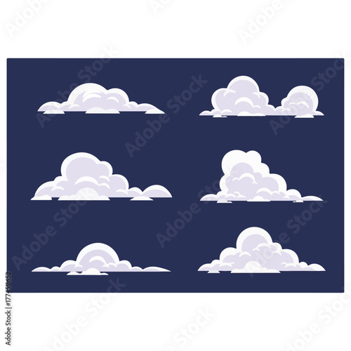 Vector illustration of fluffy white clouds in the blue sky, featuring four different cloud shapes in flat cartoon style, perfect for weather icons, sky backgrounds, or nature design concepts