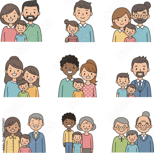 Create a kinds of deferent Smiling family simple vector illustration set material vector art with white background.