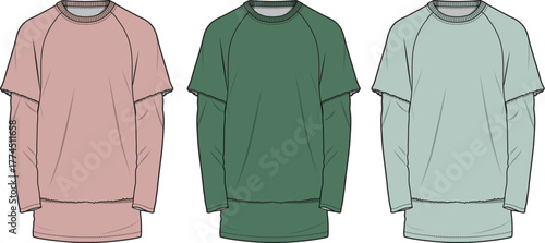 Fashion technical flat sketches of a layered raglan t-shirt with long and short sleeves. Apparel design vector template for clothing mockups