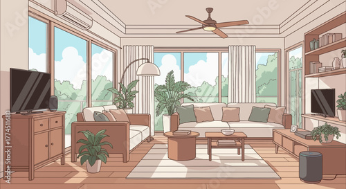 Cozy living room with natural light and comfortable furniture, plants, and a ceiling fan.