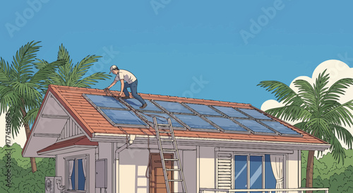 A person installing solar panels on the roof of a house surrounded by palm trees.