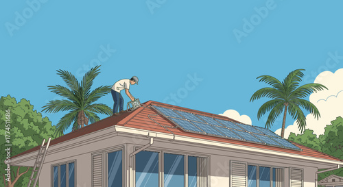 A person installing solar panels on a red-tiled roof of a house with palm trees in the background under a blue sky.