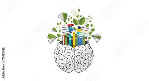 Brain with books and leaves symbolizing knowledge and growth, Generative AI.