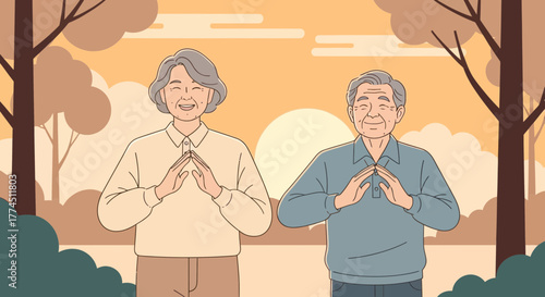 Elderly couple practicing Tai Chi in a park at sunset, promoting health and wellness.