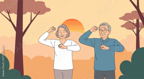 Happy elderly Asian couple doing morning exercises together in a park at sunrise, promoting an active and healthy lifestyle.