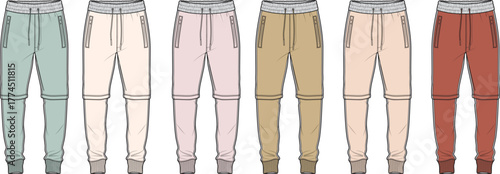 Collection of six different colored sweatpants displayed in a row, showcasing various shades and styles