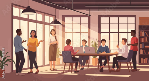 Diverse group of business professionals collaborating and discussing a project in a modern, sunlit office space.