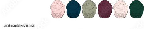 A colorful collection of hand-drawn knitted winter beanies in a stylish palette, isolated on a white background