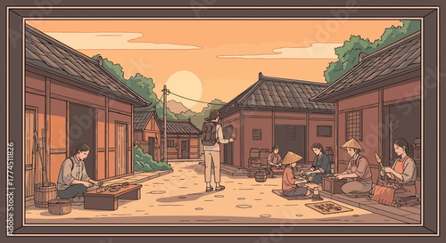 A traveler with a backpack explores a traditional Asian village at sunset as women work on crafts.