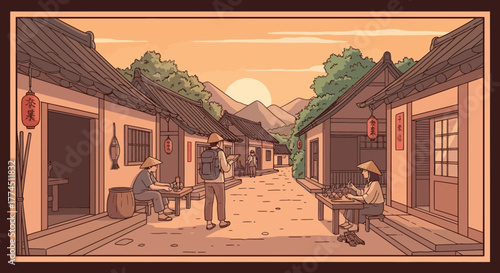 A serene village scene with traditional architecture, people, and a sunset.