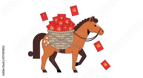 Brown horse carrying a basket full of red envelopes, Generative AI.