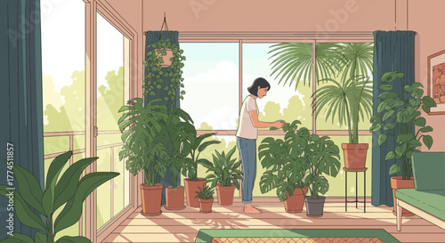 A person tending to various potted plants inside a sunlit room with large windows.