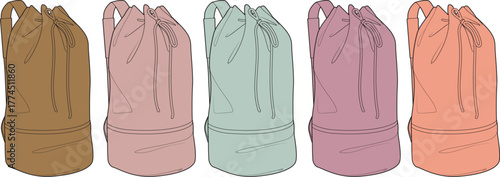 Collection of drawstring bags in various pastel colors with a clean illustration style, perfect for fashion and accessory design concepts