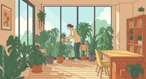 A person surrounded by numerous houseplants, watering a small plant in a sunlit room with large windows.