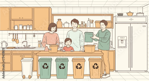 A family is sorting trash into different recycling bins in a kitchen, promoting environmental responsibility.