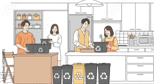 Family members sorting waste in the kitchen, promoting recycling and environmental responsibility.