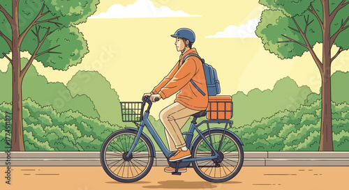 Illustration of a person riding a bicycle with a delivery box in a park setting.