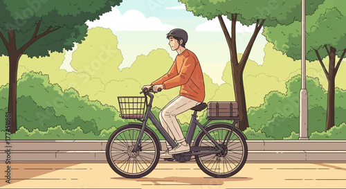A young man in an orange sweater rides a bicycle with a basket on the front and a rack on the back through a park.