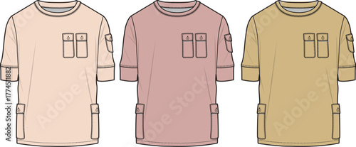 A collection of utility t-shirt technical flat sketches with multiple cargo pockets. Vector fashion design template for modern apparel concepts