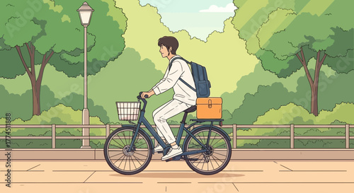 A young man in a white tracksuit rides a bicycle with a backpack and an orange delivery box through a sunny park with green trees and a street lamp.