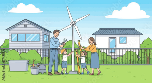 A family of four works together to install a small residential wind turbine in their backyard, promoting renewable energy and sustainability.